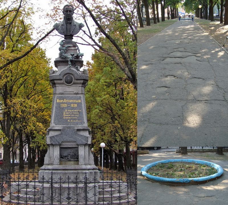 Памятник И.П. Котляревскому в Полтаве, аллея и «клумба» за ним.