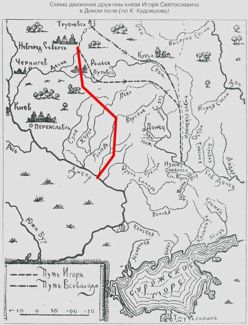 Карта походов князя Игоря. Красной линией обозначен путь его дружины в 1174 году, когда им была «открыта» Полтава.