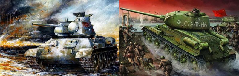 Танк «Т-34» - любимый персонаж не только отечественных, но и зарубежных художников. Здесь представлены картины канадского художника Винсента Вэя «„Т-34“ идут в атаку» (слева) и «Красная армия в предместье Берлина».