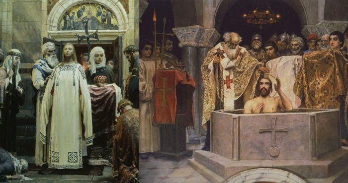 Крещение княгини Ольги и крещение князя Владимира.