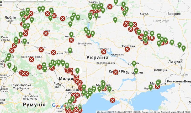 Карта закрытых и открытых пунктов пропуска по Украине