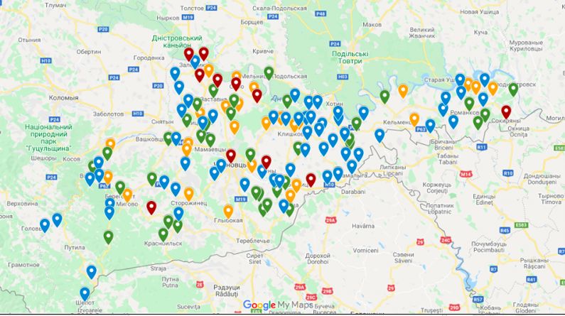 Карта сёл Черновицкой области куда возвратились заробитчане (красным отмечены сёла, куда вернулось более 100 человек)