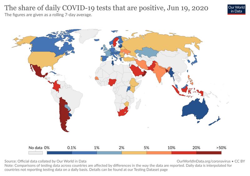 Доля положительных ежедневных тестов COVID-19, 19 июня 2020 г.