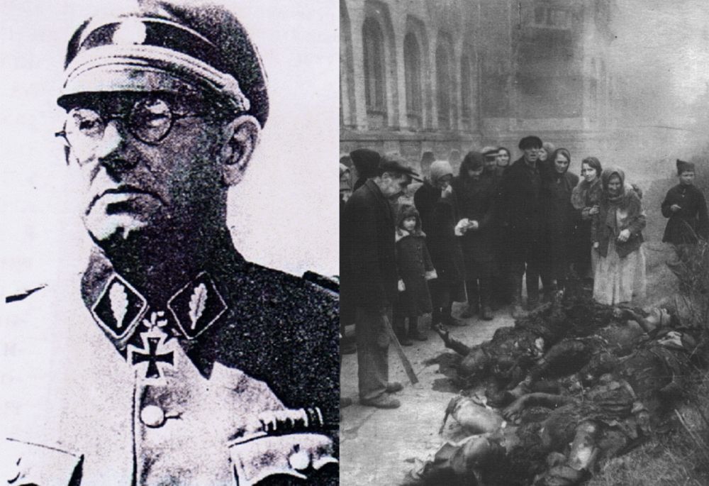 Главный обвиняемый на Полтавском процессе генерал-майор Хельмут Беккер; справа – тела полтавчан, убитых эсесовцами, извлечённые из здания сожжённого фашистами краеведческого музея