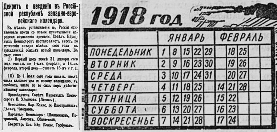 Декрет о введении «западно-европейскаго календаря» и календарь февраля 1918 года, из которого 13 дней попросту «исчезли».