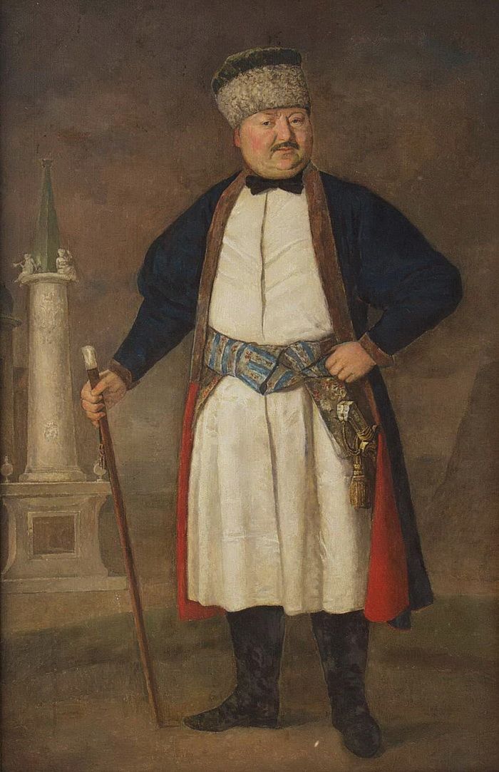 Полтавский полковник Руденко. Слева от него – первый памятник Полтавской битве, 1778 года