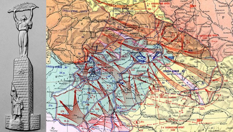 Карта Будапештской операции и Монумент свободы на горе Геллерт в Будапеште - памятник советским воинам-освободителям (фрагмент монеты Банка России «Будапештская операция», 2014 г.)