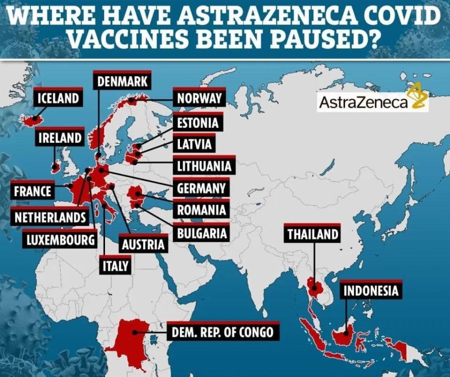 Государства приостановившие применение вакцины AtraZeneca на 15 марта