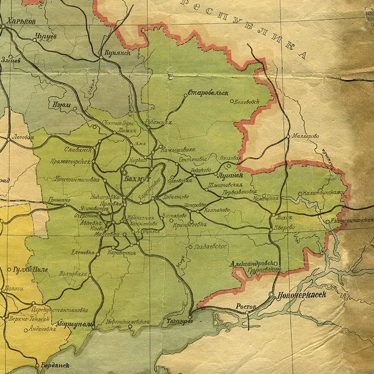 Карта Донецкой губернии в 1921 году со столицей Бахмутом