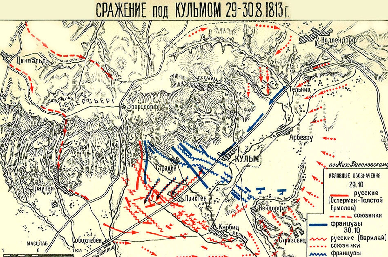 Карта Кульмской битвы из документального труда историка Михайловского-Данилевского