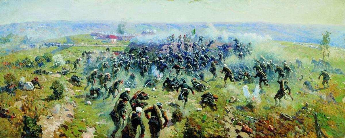 Лейб-гренадёры штурмуют малый редут на картине М.Б.Грекова