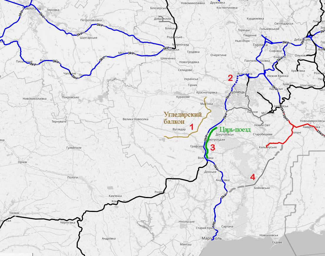 На этой карте видно, какая угроза исходила из Угледара для железной дороги. 1 – примерная ЛБС на апрель 2024 г. 2 – Ясиноватско-Донецкий разрыв ж/д восточней Авдеевки (не восстановлен до сих пор) 3 – размещение «царь-поезда» на Волновахском участке 4 – строительство спрямления через Кутейниково – Кичиксу (готово частично)
