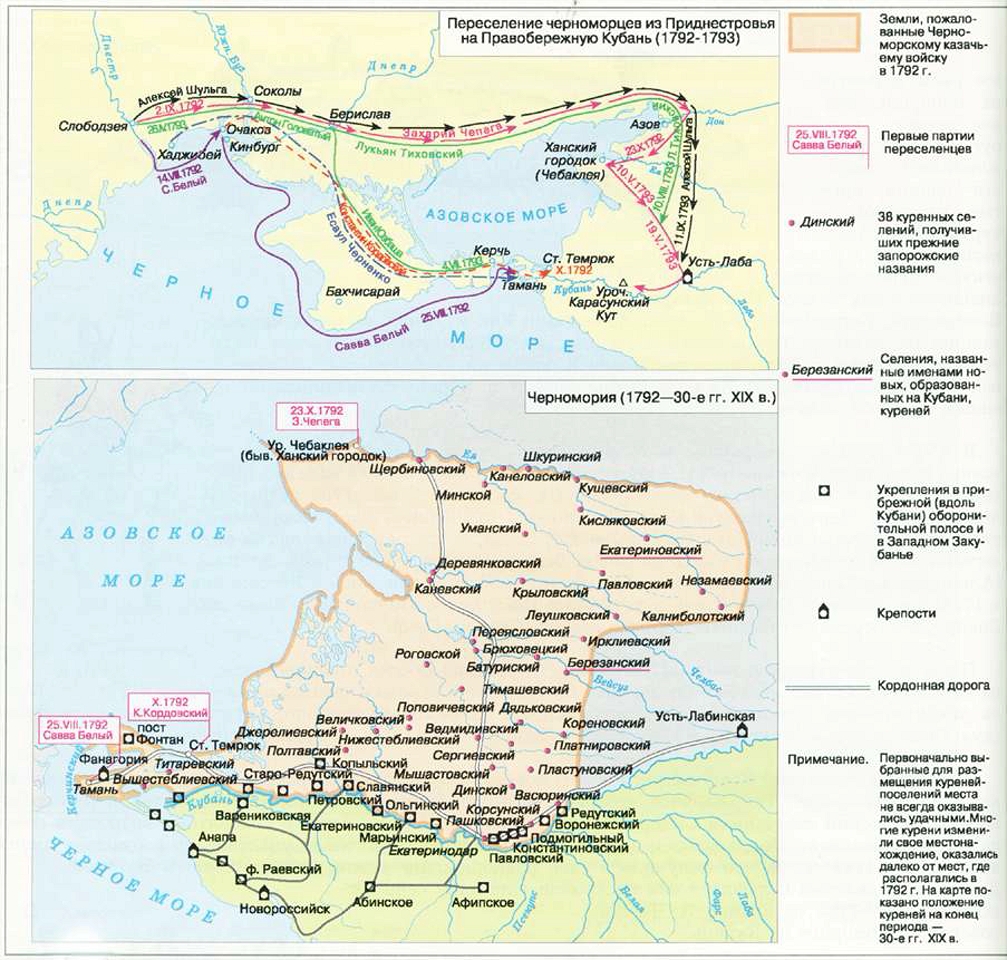 Карта переселения бывших запорожцев на Кубань и основания ими первых поселений