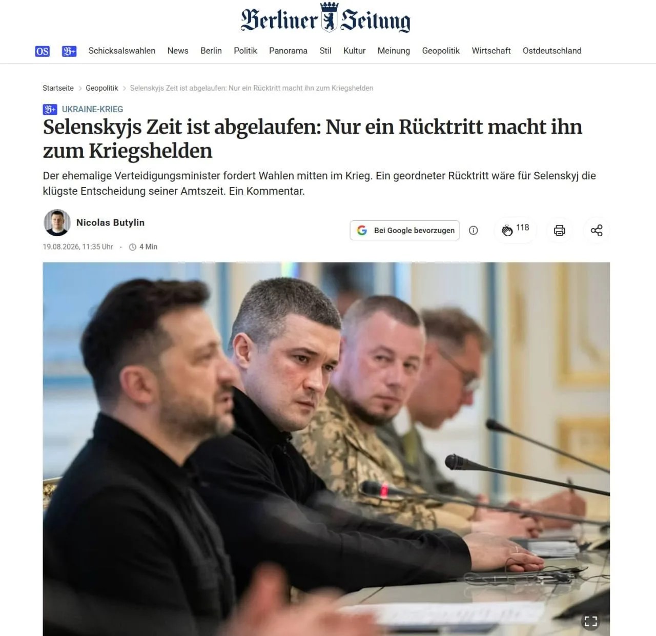 Газета Berliner Zeitung пишет: «Зеленскому пора уйти в отставку».