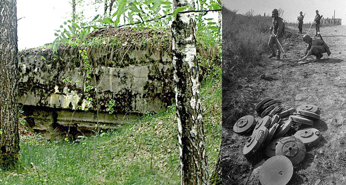 Один из сохранившихся до наших дней ДОТов линии «Хаген» под Выгоничами (Брянская область). Справа – сапёры очищают линию «Хаген» от противотанковых мин. Фото 1943 года