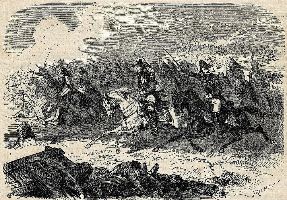 Фрагмент Битвы при Прейсиш-Эйлау, самого кровавого сражения войск Четвёртой коалиции с французами. Наполеон проиграл его союзным войскам. Старинная гравюра.