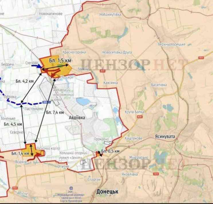 Примерное расстояние, которое осталось пройти ВС России для полного окружения Авдеевской группировки противника по версии врага.