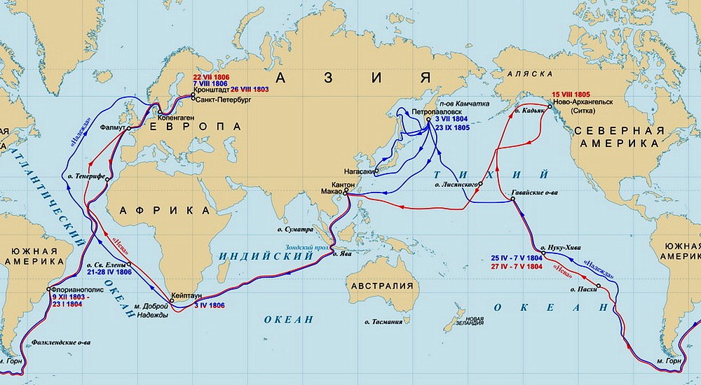 Маршрут первого русского кругосветного плавания. Гавайи справа в средине карты