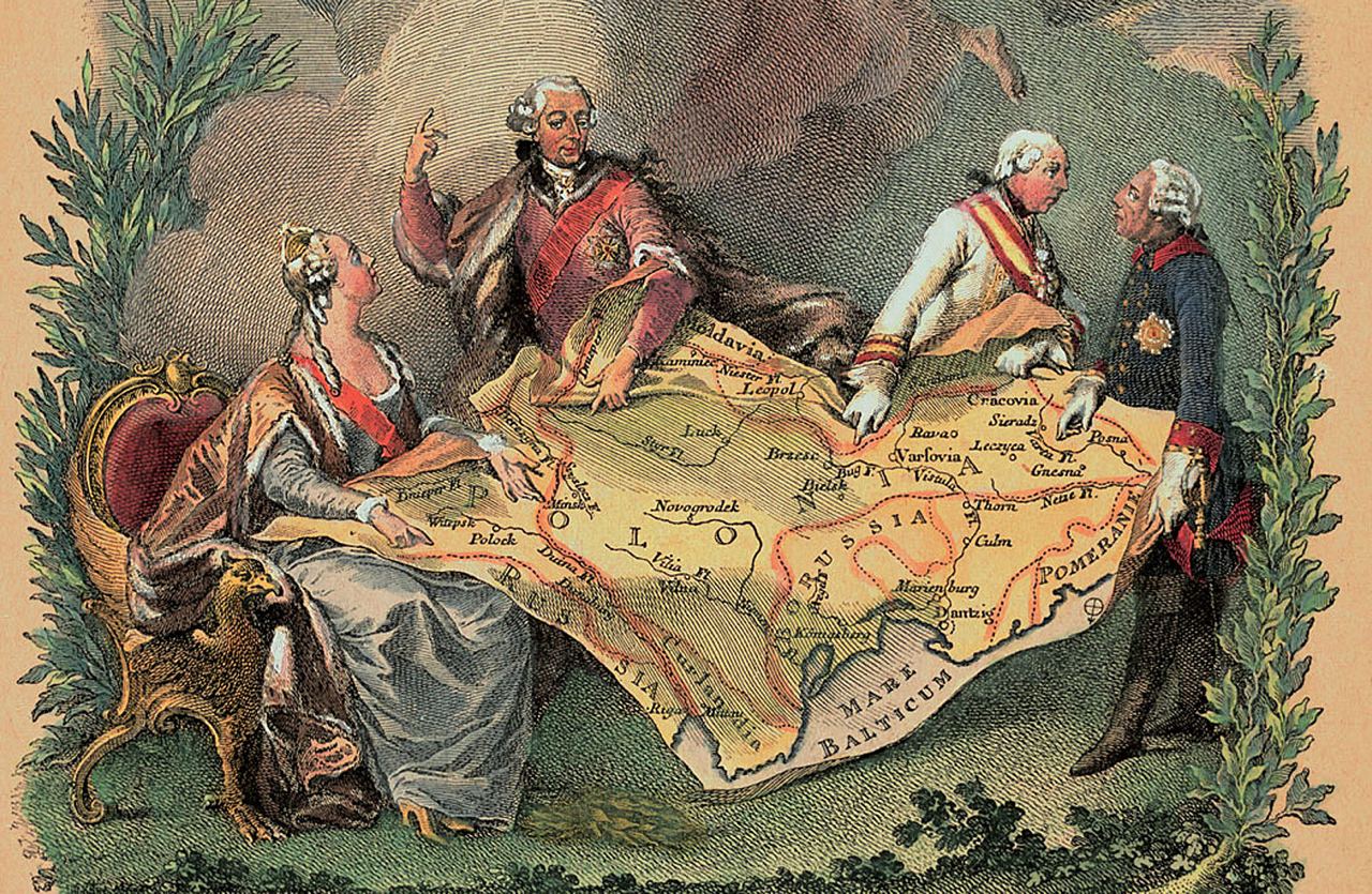 Шуточная гравюра XVIII века, изображающая раздел Речи Посполитой между тремя государствами.