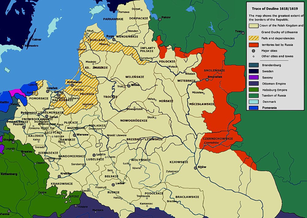 Территории, перешедшие к Речи Посполитой по Деулинскому перемирию (выделены на карте красным цветом)
