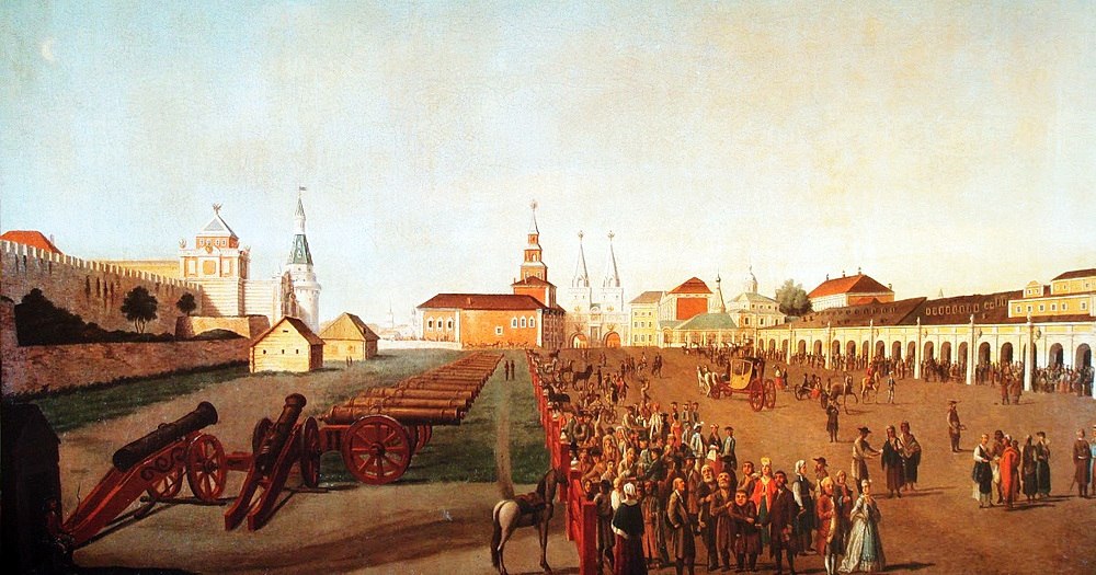 Верхние торговые ряды (справа) в 1787 году (при Екатерине Великой). Художник Фридрих Гильфердинг