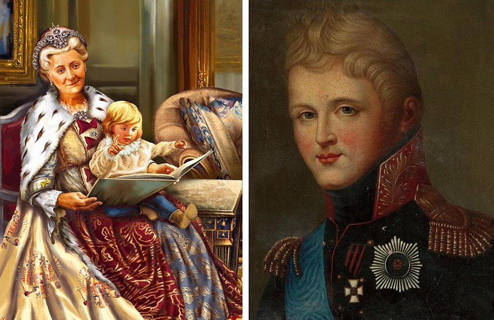 Екатерина Великая с внуком Александром. Справа он же, император Александр I Благословенный