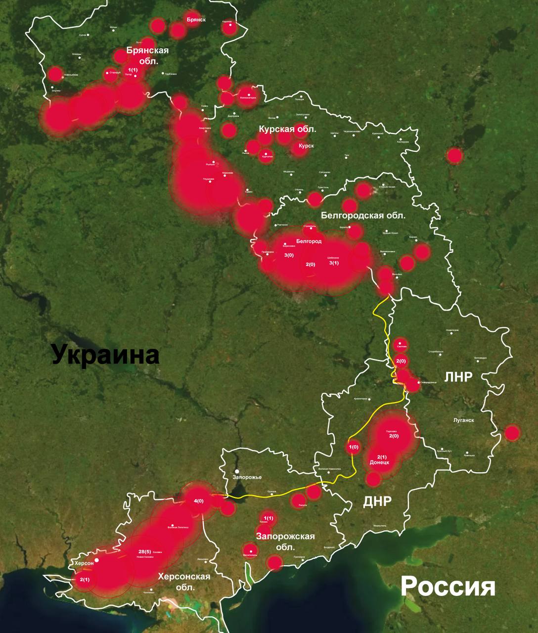 На карте: случаи обстрелов гражданских объектов РФ боевиками ВСУ за период с 25 ноября по 1 декабря 2024 года 