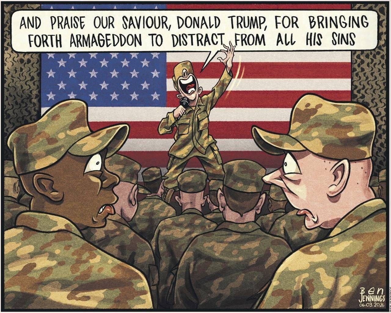 «И восславим нашего спасителя, Дональда Трампа, за то, что ниспослал нам Армагеддон, чтобы отвлечь от всех его грехов» - карикатура The Guardian