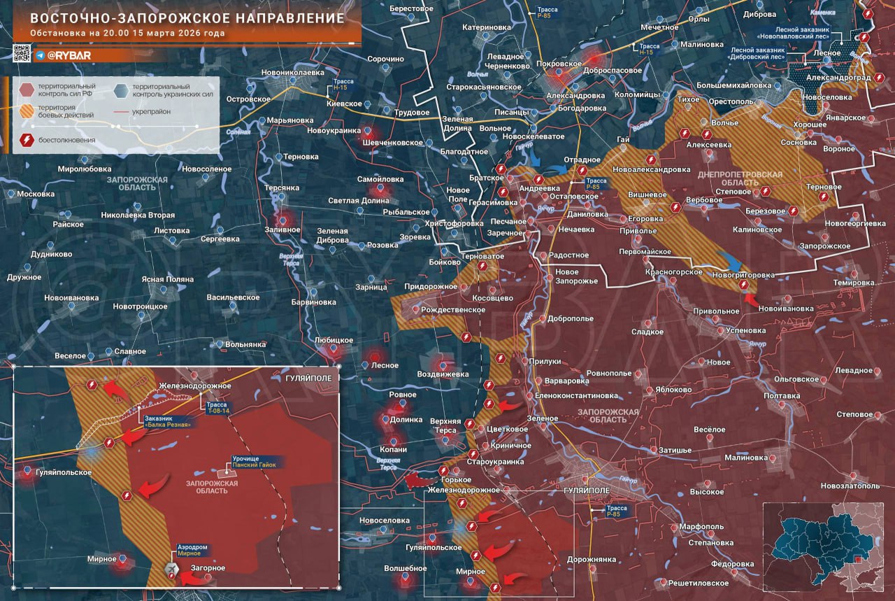 Карта СВО 16 марта 2026 года. Запорожское направление.