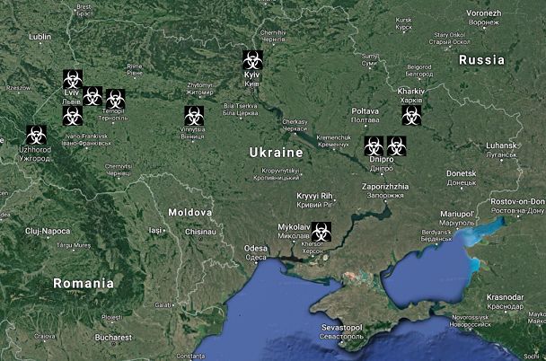 Биолаборатории США на Украине, географическое расположение, данные на 2014 год