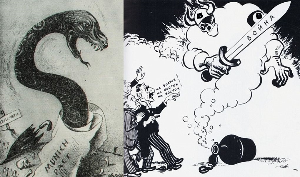 Карикатуры Уильяма Гроппера (США) и Бориса Ефимова (СССР) на Мюнхенский сговор. Художники понимали суть случившегося, западные политики – нет