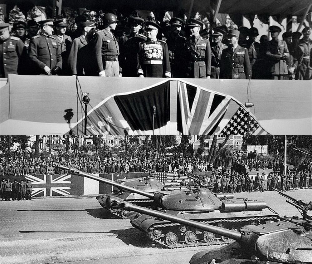 Парад в Берлине 7 сентября 1945 года. Вверху – трибуна для почётных гостей, в центре маршал Г.К. Жуков. Внизу - советские танки ИС-3, впервые продемонстрированные здесь союзникам