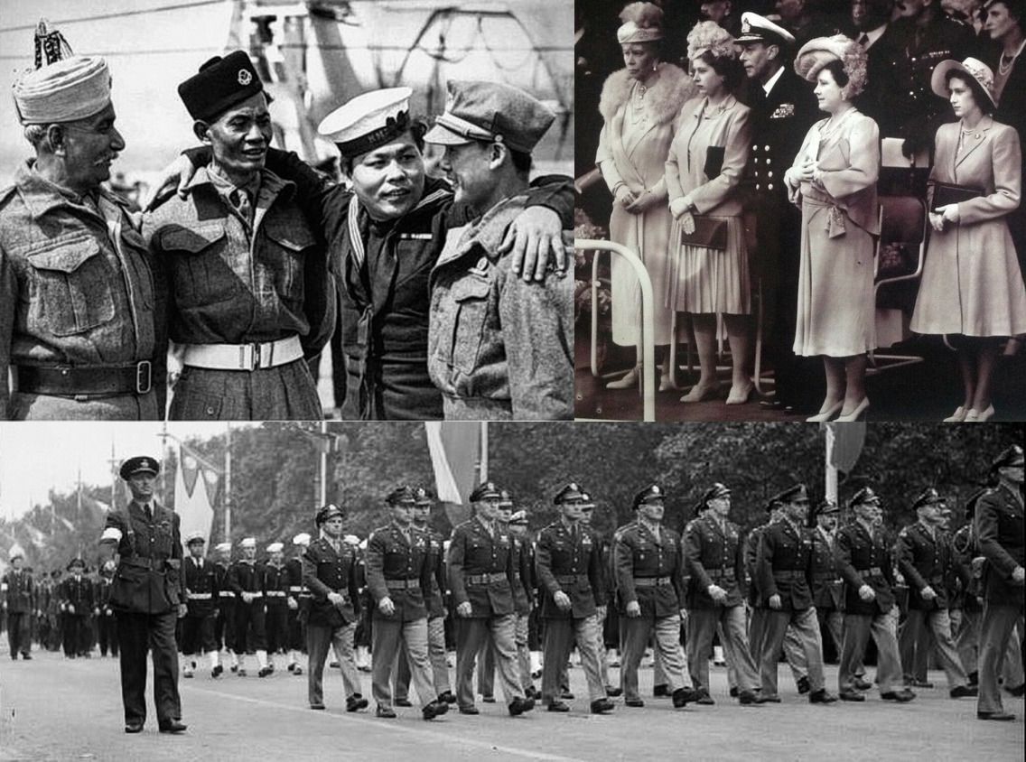 Лондонский парад 8 июня 1946 года. Слева вверху – участники мероприятия: британский индийский солдат, малайские полицейский и моряк, боец Малайской народной антияпонской армии. Справа – за парадом наблюдает королевская семья. Внизу – маршируют солдаты армии и флота США