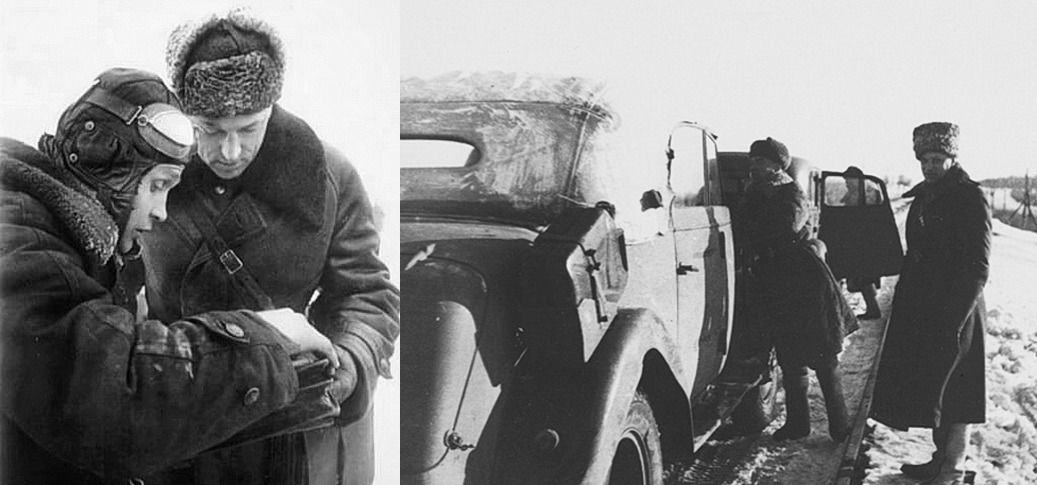 Западный фронт. Командующий 16-й армией К.К. Рокоссовский изучает карту с результатами воздушной разведки в ходе контрнаступления под Москвой (слева). Справа - переезд под Курск. Автомобиль Steyr 1500a Kommandeurwagen фельдмаршала Паулюса