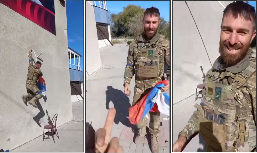 Один из западных наёмников срывает флаг России в Купянске