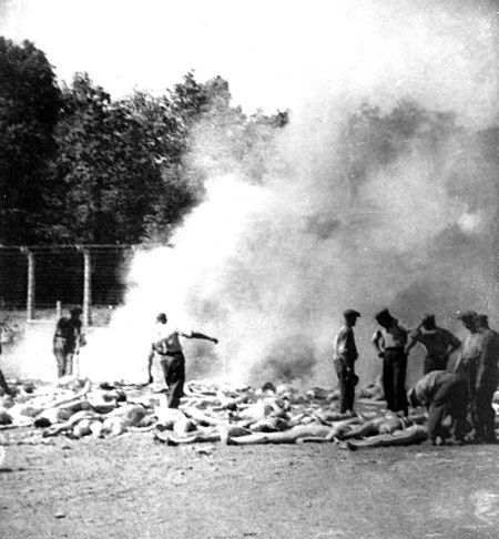 Члены зондеркоманды сжигают тела убитых газом заключённых Освенцима. Август 1944 г.