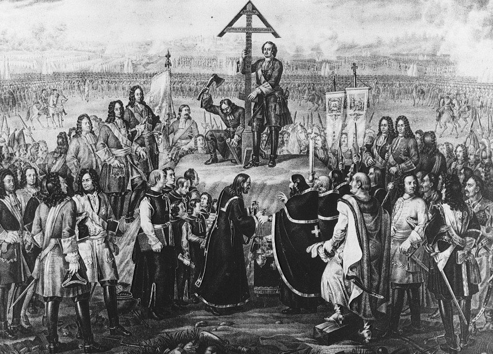 «Император Петр Великий погребает воинов. павших в Полтавском сражении. С картины [художника] Чаринова»