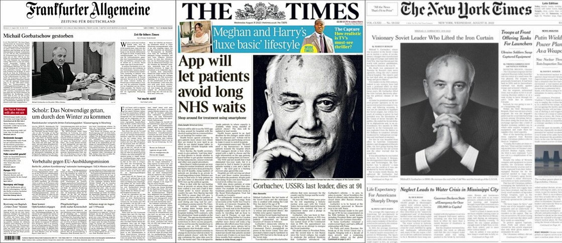 «Frankfurter Allgemeine» (Германия), «The Times» (Великобритания), «New York Times» (США) и другие ведущие газеты мира вспомнили о Горбачёве по случаю его кончины