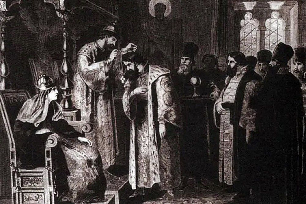 Царь Фёдор I Иоаннович и Борис Годунов. Слева – царица Ирина