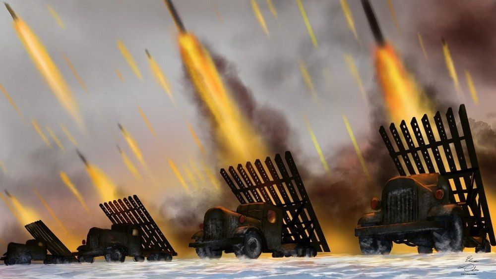 Залп БМ-13 («Катюш»), повергавших в ужас немецких захватчиков