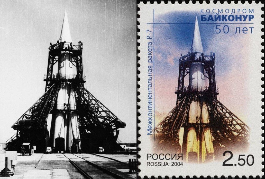 Та самая первая ракета Р-7, которая напугала американцев: на стартовом столе космодрома «Байконур» и на марке Почты России