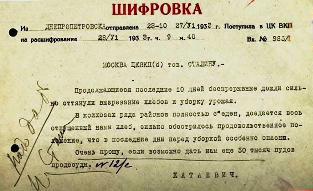 Одно из многочисленных обращений из УССР в Москву о продовольственной помощи. Резолюция Сталина: «Надо дать».