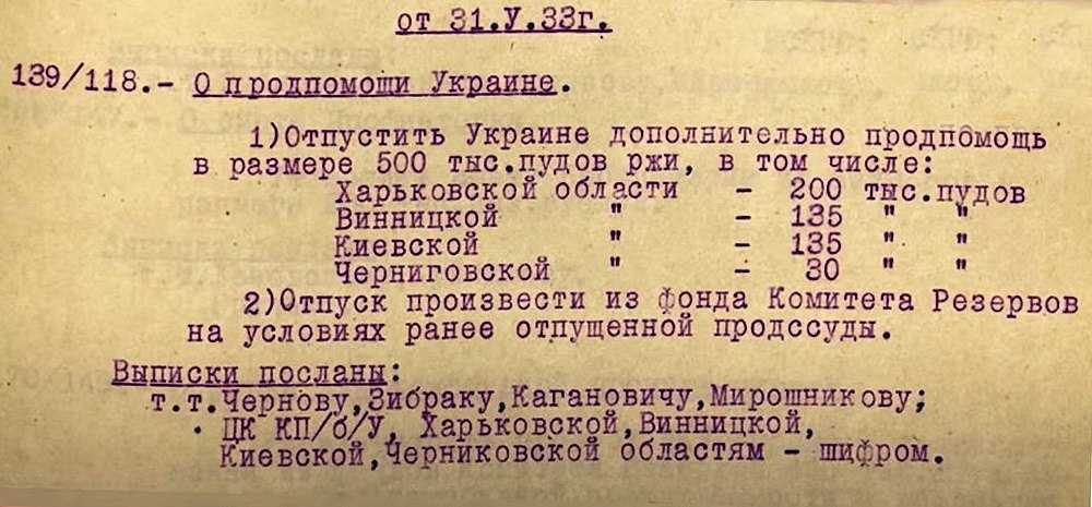 Выписка из одного из постановлений союзного правительства об оказании продовольственной помощи ряду областей УССР
