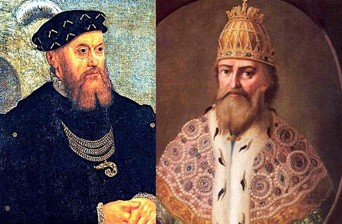 Царь Иван Грозный (справа), учредитель книгоиздательства на Руси, и король Дании и Норвегии Кристиан III – единственный из монархов Европы, откликнувшийся на его просьбу помочь в печатном деле