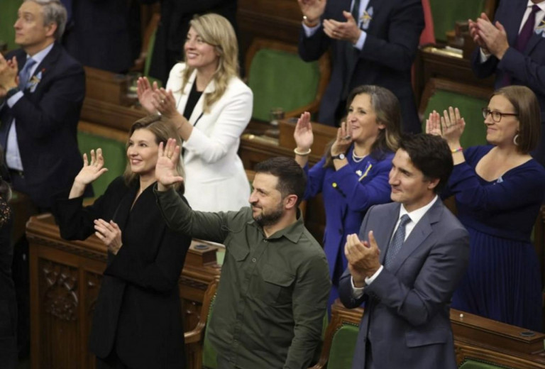 На заглавном фото: Президент Украины Зеленский, его супруга, премьер-министр Канады Трюдо, вице-премьер Фриланд и другие официальные лица тепло приветствуют эсэсовца Гуньку