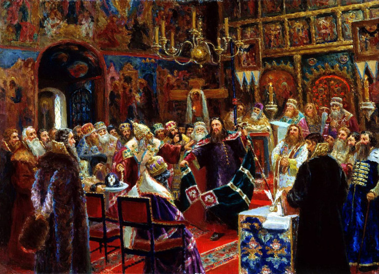 Заглавная иллюстрация: «Суд над патриархом Никоном в Чудовом монастыре Московского Кремля», С. Милорадович