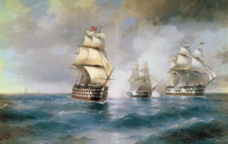 Заглавная иллюстрация. Картина И.К. Айвазовского «Бриг «Меркурий», атакованный двумя турецкими кораблями», 1892 год