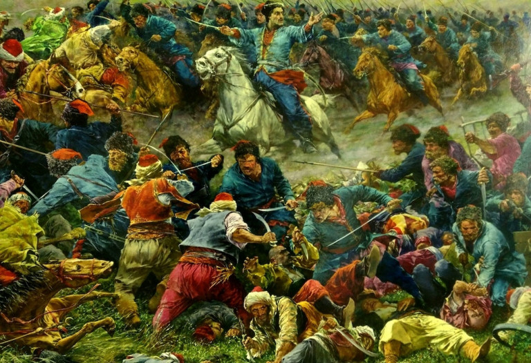 Заглавная иллюстрация: «Битва при реке Калалах. 1774 год. Подвиг молодого атамана М.И.Платова», О. Маслов
