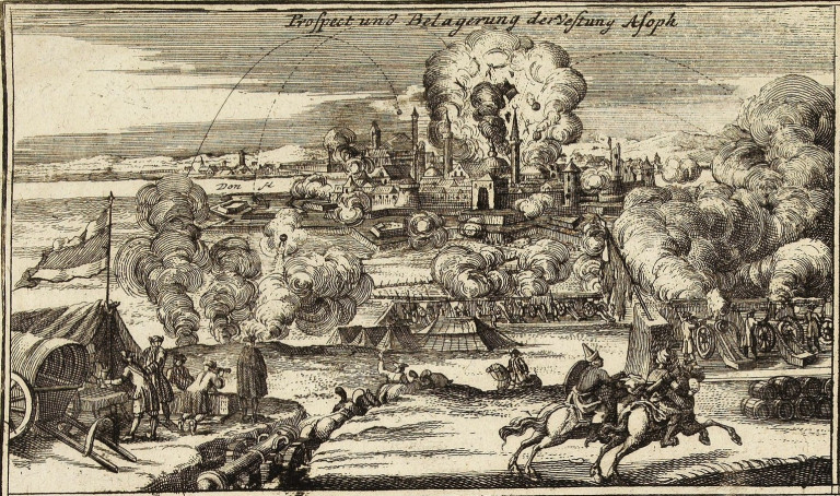 Заглавное фото. Немецкая гравюра, изображающая осаду Азова в 1736 году.