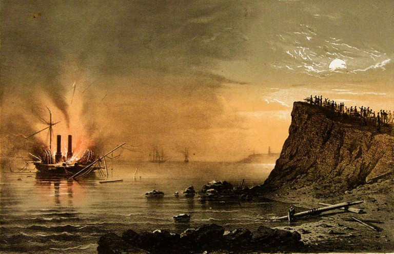 Заглавная иллюстрация: Литография Ф.И. Гросса «Вид пожара английского парохода-фрегата „Тигр“, перед взрывом его, в виду стоящих вне выстрела двух отбитых английских пароходов, у дачи Картаци (близ Одессы) 30 апреля 1854 года».